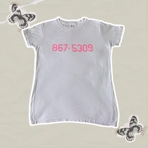 Women’s Fitted Size Medium White and Neon Pink 867-5309 Jenny Retro 80s T-Shirt